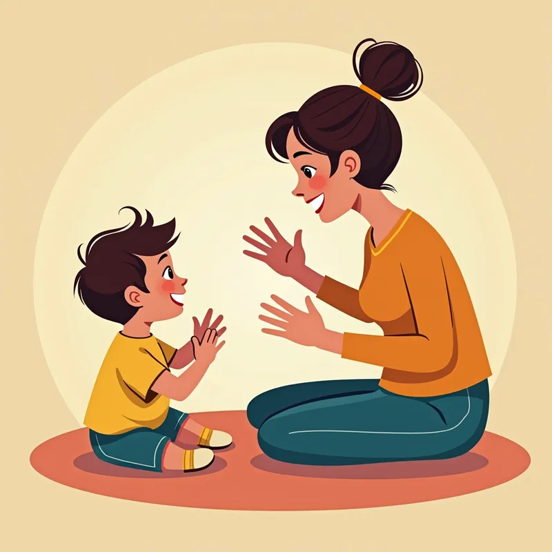 No Signal, Cheerful Bond - A mother sits in front of her small child on the floor and signals a no. The scene is friendly with a bright, cheerful background. - AI image generated with Photorealistic 2