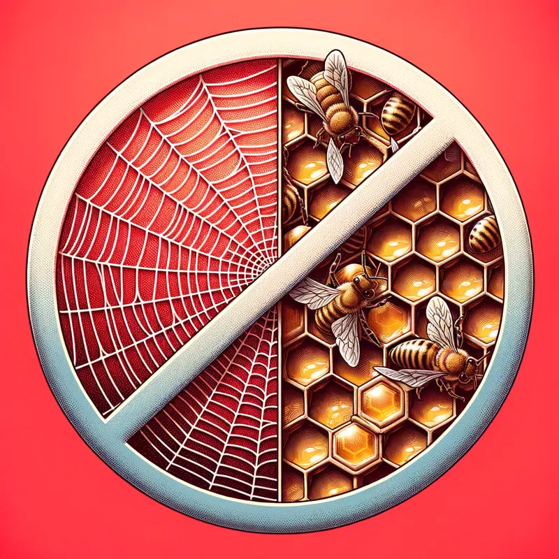 NoWebHive_5 - Generate an image of a red circle with a diagonal line, like a standard 'no' symbol. Split the circle in half with a web image on the left and a hive image on the right. - AI image generated with Art