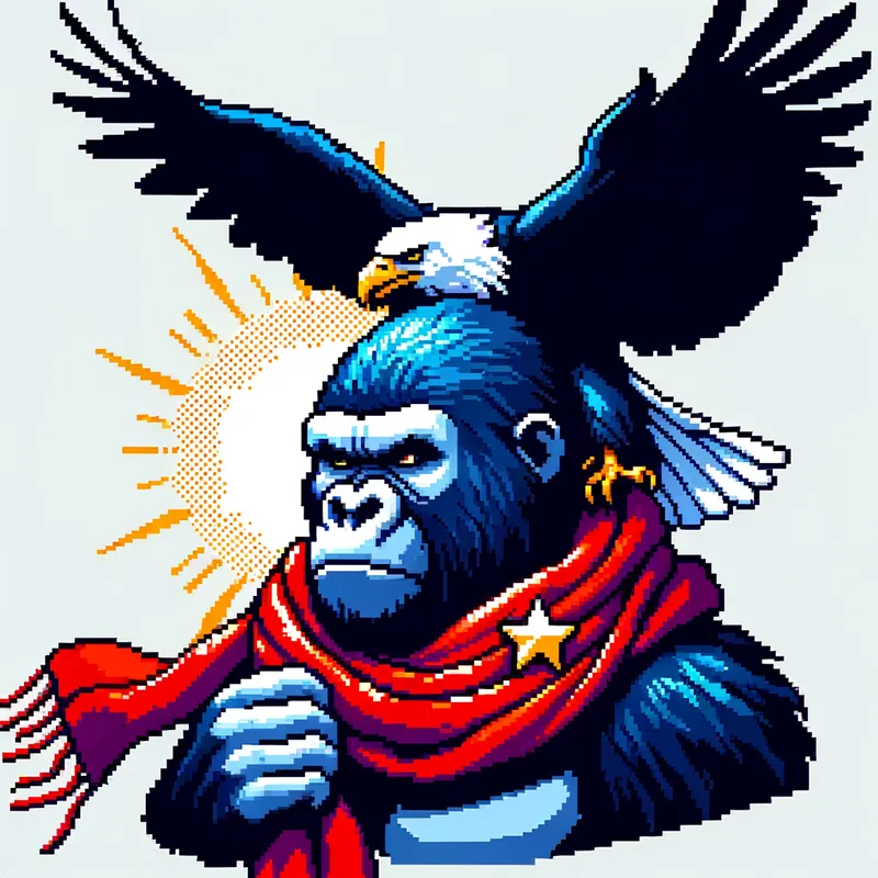 Noble Guardian - A dark blue gorilla with a vibrant red scarf draped around its neck, carrying a proud eagle on its head. - AI image generated with Art - pixel art, lens flare