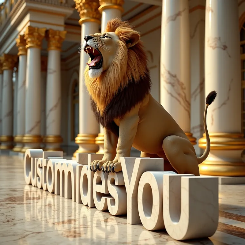 Noble Lion atop Marble Letters - An exquisitely beautiful lion, roaring with majestic prowess, sits atop 15-foot marble letters that spell 'CustomVideos4You'. The setting is a grand palace with freshly polished gold and white marble floors and tall, intricately ornate columns. Upward perspective. Cinematic, hyper-realistic photo in 4K, high resolution, with a bright, clear, sharp image. - AI image generated with Text - photorealistic, fantasy art, motion blur