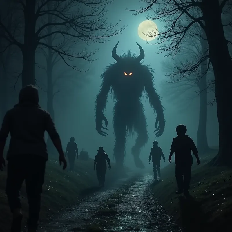 Nocturnal Aswang - An eerie nighttime scene featuring the Aswang in its many forms. The creature blends into the shadows, with its glowing eyes and shifting shapes barely visible in the darkness. - AI image generated with Photorealistic 2