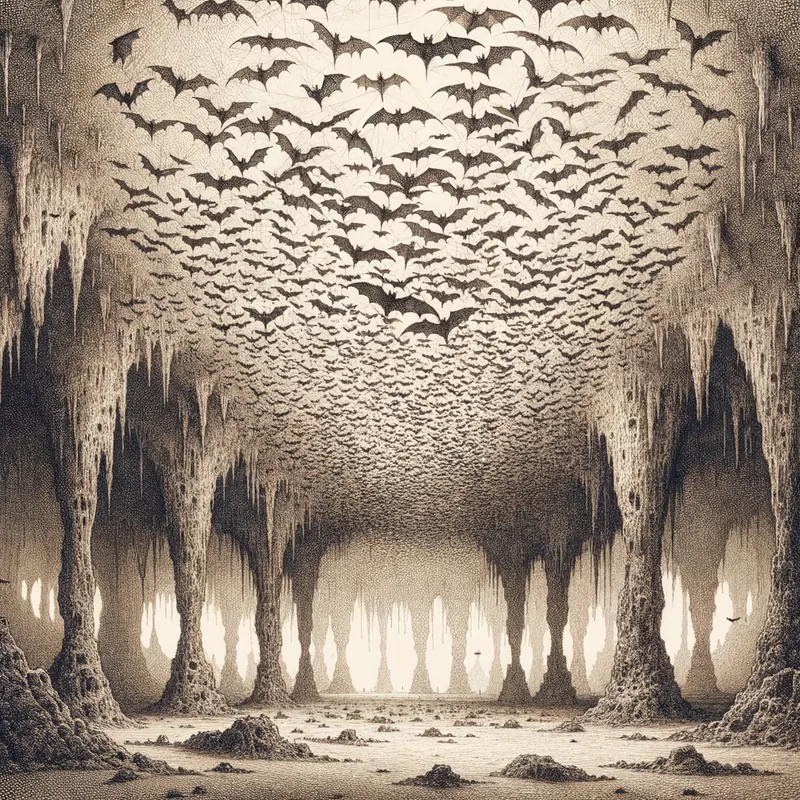 Nocturnal Sanctuary - Inside a sprawling subterranean cave, a teeming cluster of common bats gathers on the rocky ceiling. The scene captures a sense of mystery and serenity, with the intricate web of bat wings forming surreal patterns above. - AI image generated with Art - sepia tone, stippling drawing