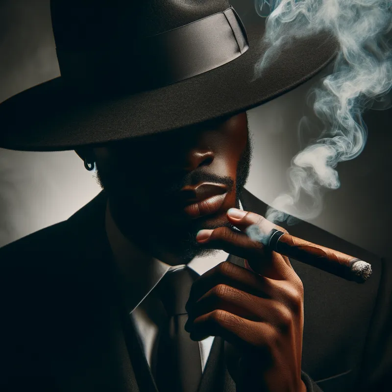 Noir Elegance - In a noir-style scene, a black man dons a wide-brimmed hat that obscures his eyes. The smoke from his cigar dances elegantly in the dim light, evoking a sense of classic, timeless sophistication. - AI image generated with Art