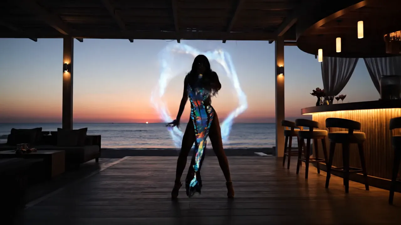Noir Sunset Cyber Beach Dance - A mesmerizing video featuring a stunning woman dressed in a sleek, futuristic dress. She performs an entrancing dance at a chic beach bar as the sun sets over the ocean. The scene is filled with vibrant colors and holographic effects, creating a captivating mix of modern and ethereal aesthetics. - AI video generated with Veo 3 - dark tones