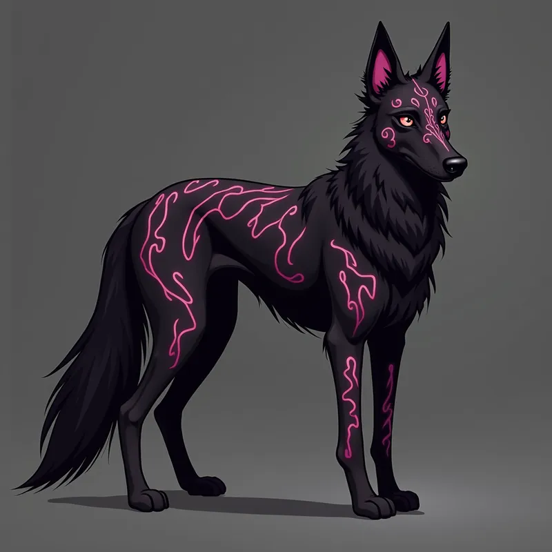Noir Xelva - Create a dark and elegant Borzoi-inspired being with a slim, black body adorned with artistic pink (EA4D7B) markings. The lighter pink (EC70A9) eyes are downturned and half-lidded. A long, fur-draped tail and a nose piercing add to Xelva's distinct charm. - AI image generated with Photorealistic 2