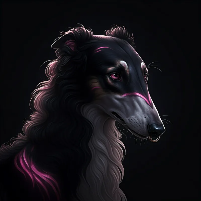 Noir Xelva - Create a dark and elegant Borzoi-inspired being with a slim, black body adorned with artistic pink (EA4D7B) markings. The lighter pink (EC70A9) eyes are downturned and half-lidded. A long, fur-draped tail and a nose piercing add to Xelva's distinct charm. - AI image generated with Imagen 3
