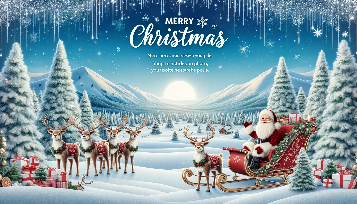 North Pole Christmas Magic - Amid the North Pole scenery, with snow, reindeer, and Santa's sleigh, write an optimistic and captivating Christmas message. Leave a space for the photo. - AI image generated with Art
