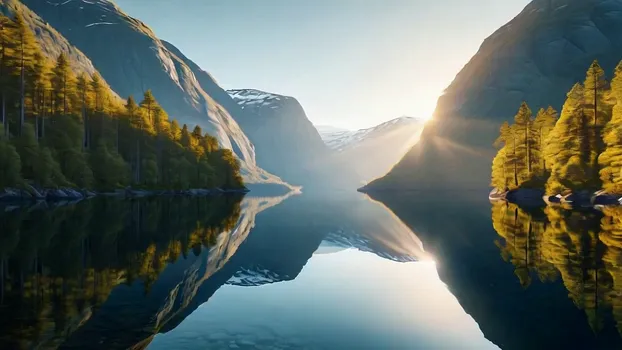 Norwegian fjord with still water reflect