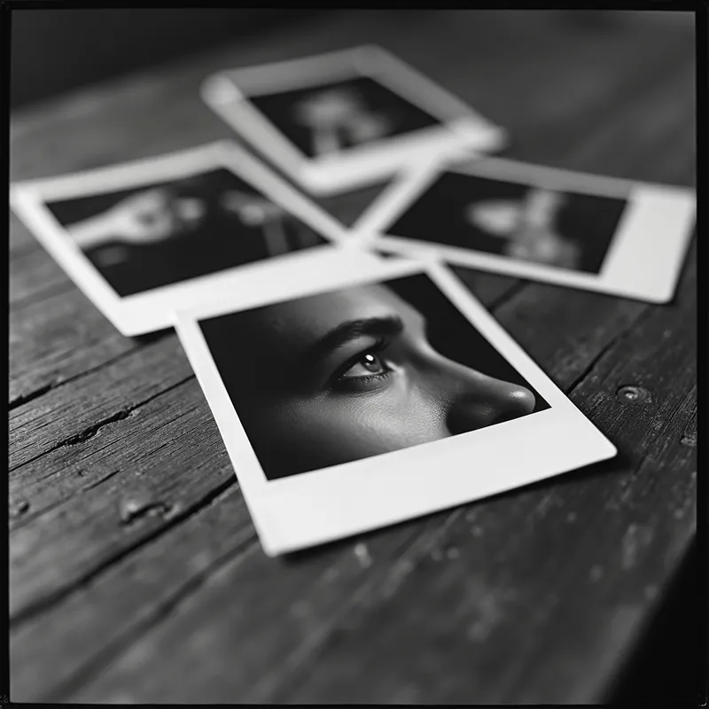 Nostalgic Dreams - A grainy black and white vintage-style photograph depicts a worn wooden table with casually arranged Polaroid photos scattered on its surface. These photos feature melancholic, dreamlike images: a blurred kiss, a woman’s hand reaching out, lips slightly parted, and a silhouette in the distance. One Polaroid, in focus and central to the composition, shows a close-up of an eye gazing sideways with subtle intensity and wistfulness. This central photo is slightly tilted, creating the impression it was recently placed. All elements are black and white, with soft lighting, grain texture, and a strong vintage aesthetic reminiscent of dream pop album art. The mood is emotional, nostalgic, and quietly haunting. - AI image generated with Photorealistic 2