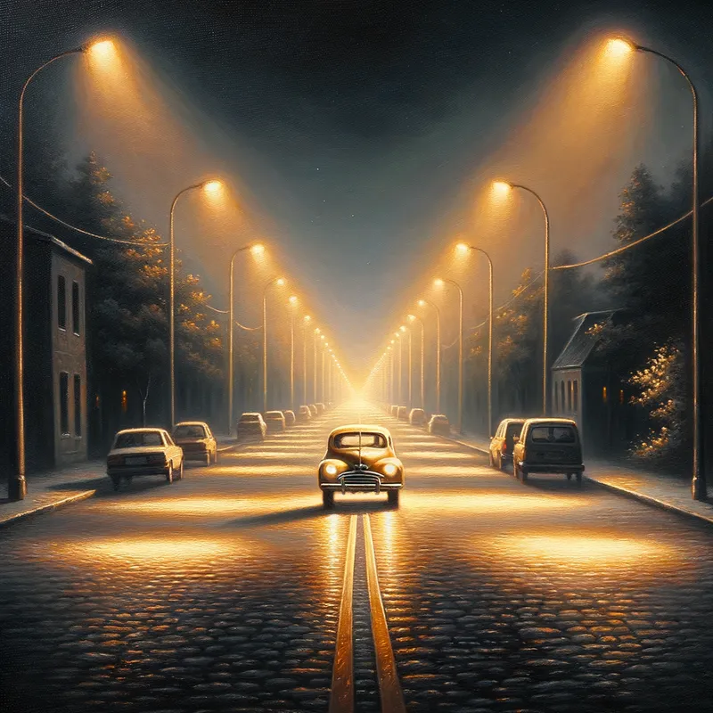 Nostalgic Night Drive - A car driving down a deserted street at night, the path illuminated by glowing street lights. The scene captures a sense of longing and remembrance, imbued with a nostalgic glow. - AI image generated with Art - oil art