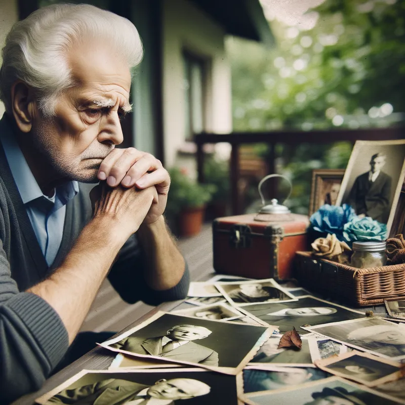Nostalgic Reminiscence - A heartfelt moment with an elderly gentleman reminiscing about his past, sitting on a porch with a distant, thoughtful look, surrounded by old photographs and memorabilia. - AI image generated with Art