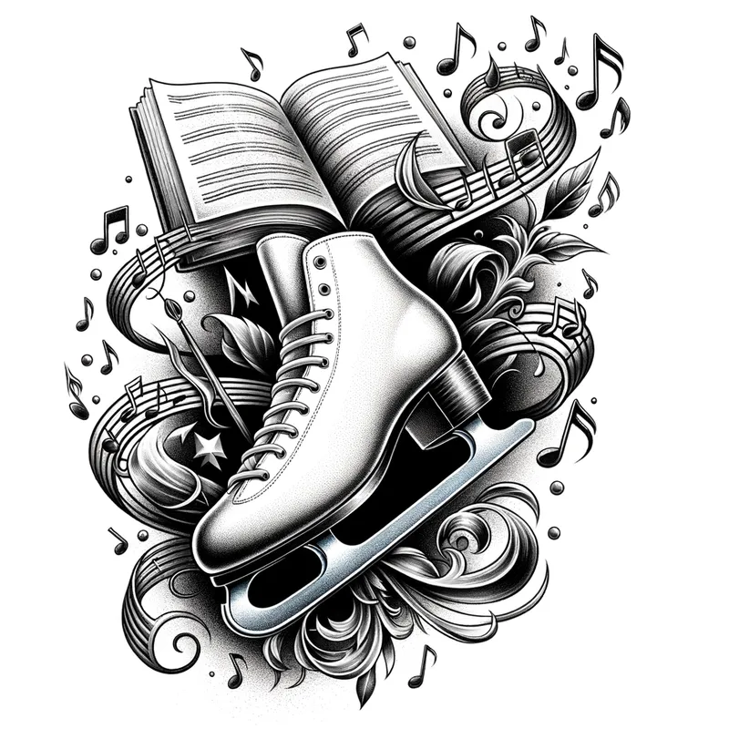 Noteworthy Ice - A unique tattoo design where a pair of ice skates are surrounded by floating music notes and books. The elements are intricately detailed, with the ice skates in the foreground and music notes and books artistically integrated in the background, symbolizing a blend of movement, melody, and literature. - AI image generated with Art