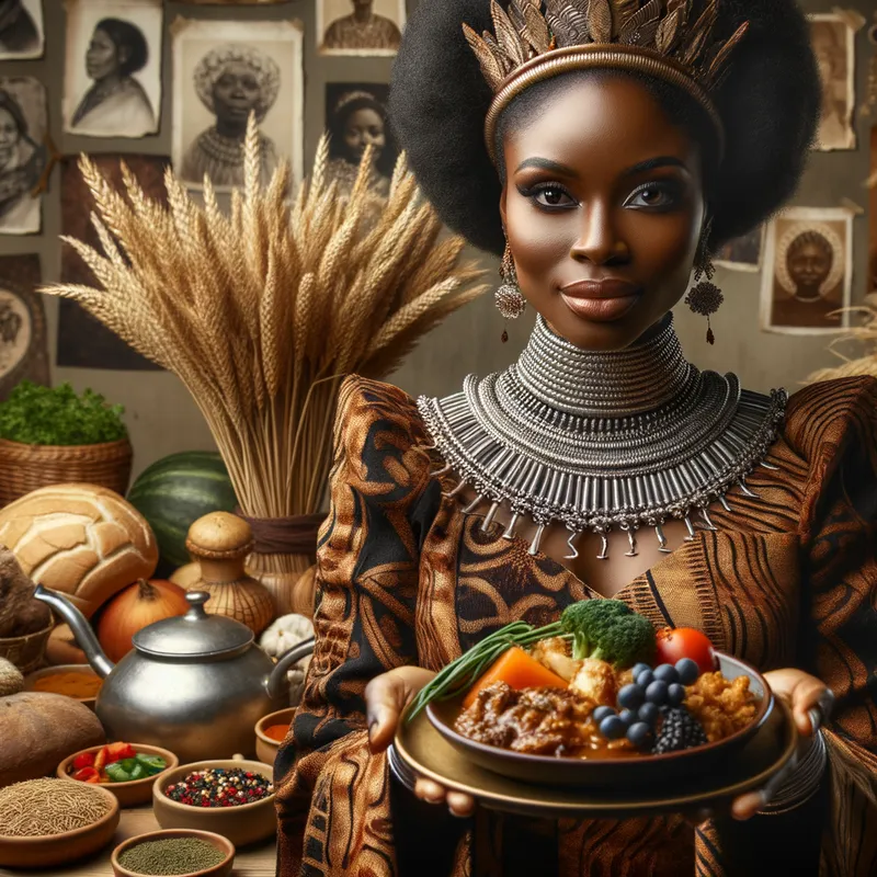 Nourishing Traditions - A powerful, regal-looking Black woman offering a plate of nourishing, soul-satisfying food, honoring the rich culinary legacy of her community. - AI image generated with Art
