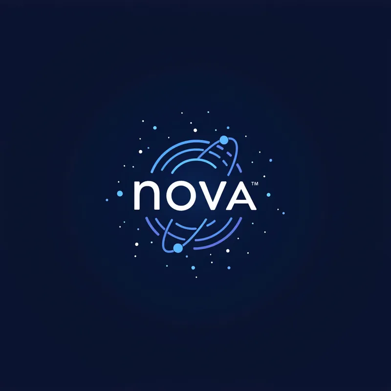 NovaEdtech Logo Concept 4 - Combining a minimalist asteroid belt symbol with a sleek sans-serif font, the logo for NOVA depicts continuous learning and technological expansion. The asteroid belt suggests outer space, while integrated circuit elements signify innovation. The electric blue and dark navy blue color scheme, with subtle gradients, and clean, flat vector design make it suitable for various formats. The logo targets a young audience entering the tech industry. - AI image generated with Text