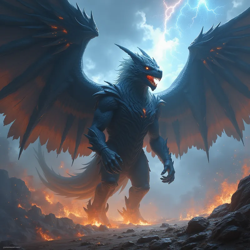 Nova-Eyed Cosmic Titan - A majestic and fearsome titan with immense wings swirling with cosmic storms, eyes ablaze like supernovae, morphing between solid and ethereal forms, with the trembling ground marking its flight, defining the chaotic grandeur. - AI image generated with Photorealistic 2