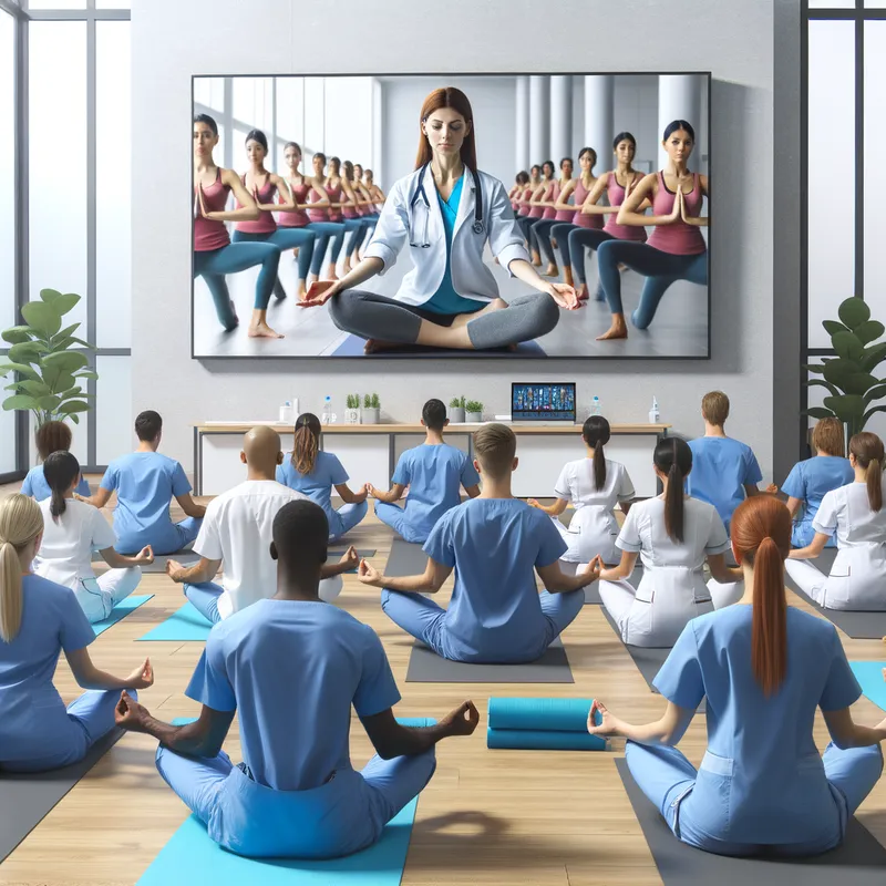 Nurse Yoga Class - Nurse's yoga class with yoga instructor on a screen - AI image generated with Art