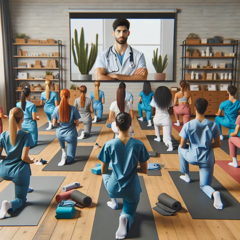 Nurses' Yoga Class with Professor - several nurses' yoga class with professor on a screen - AI image generated with Art