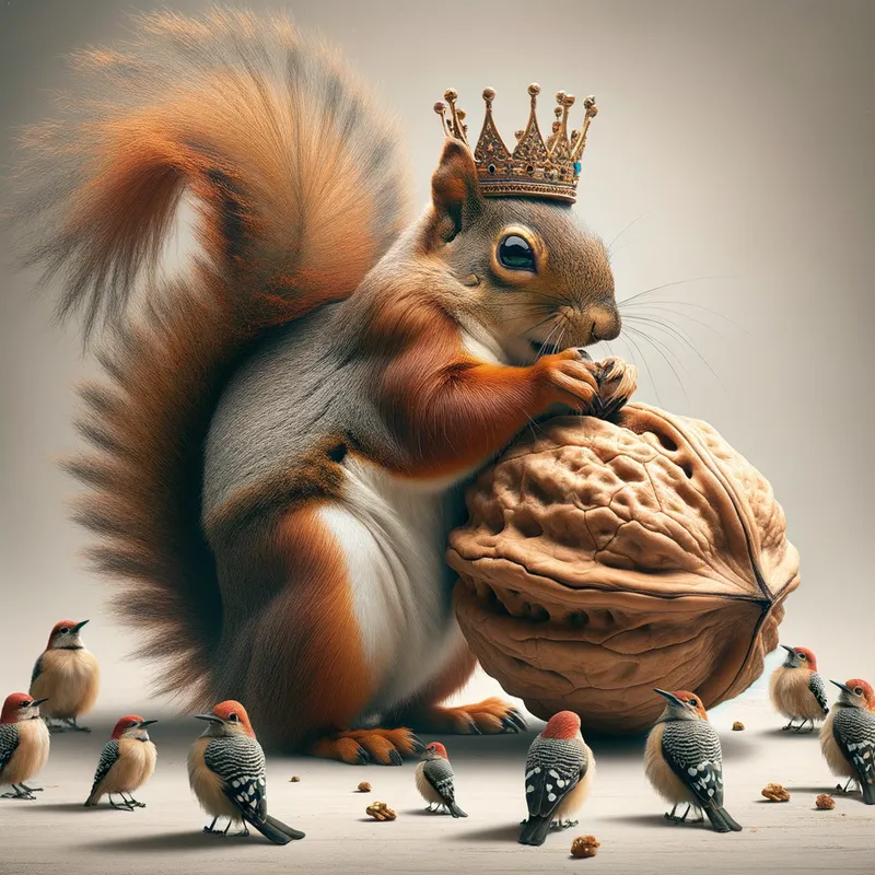 Nutcracker Noble - A majestic squirrel, adorned with a tiny crown, nibbles on a giant walnut. The creature's size dwarfs the surrounding nutcrackers that stand guard around it. - AI image generated with Art