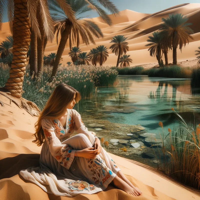 Oasis Siren - A sensuous Egyptian girl relaxing by a lush oasis in the middle of the desert. She is dressed in light, flowing garments with vibrant colors. Date palms and clear blue water contrast with the sandy dunes in the background. - AI image generated with Art