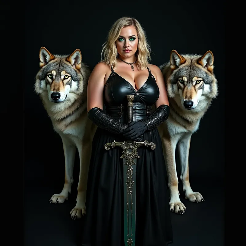 Obsidian Blade and Silver Wolves - A cinematic fantasy-gothic warrior portrait featuring a plus-size woman with shoulder-length golden blonde hair, icy green eyes, and bold green makeup. She wears a dark, fashion-forward gothic outfit with leather and metal elements, along with long black gloves reaching past her elbows. She holds a large ornate sword with a beautifully crafted hilt. Two majestic giant grey wolves stand beside her against a solid black background, highlighting her confident stance and fierce beauty. The image should feel dramatic, stylish, and powerfully mystical. - AI image generated with Photorealistic 2