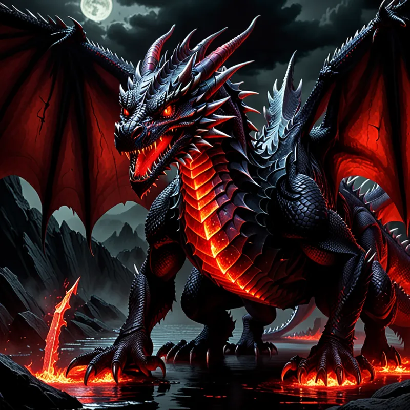 Obsidian Dragon with Crimson Eyes - a ferocious, enormous dragon covered in pitch black scales and eyes of a violent glowing red. These eyes have no pupils, they are just pools of red. all around the dragon is fire and broken swords - AI image generated with Fictional