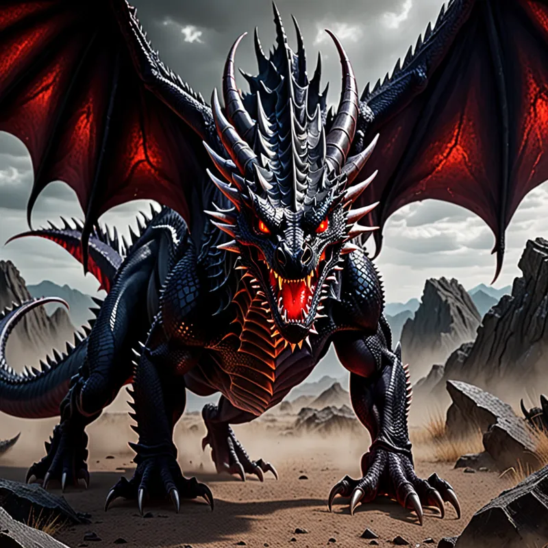 Obsidian Hellfire Drake - A ferocious black-scaled dragon with jagged, glittering horns and violent spikes coursing down its body. Its face bears a terrifying gaze: two intense, glowing, crimson eyes without pupils, seething with otherworldly power. - AI image generated with Fictional