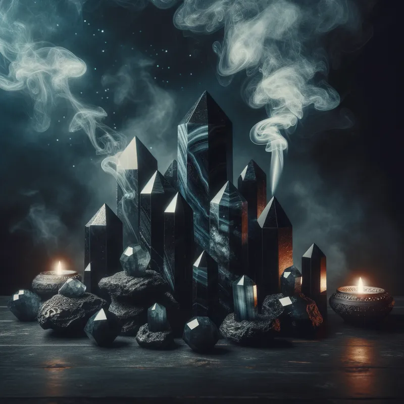 Obsidian Witchcraft - large black obsidian crystal towers and stones with witchy vibes and background - AI image generated with Art