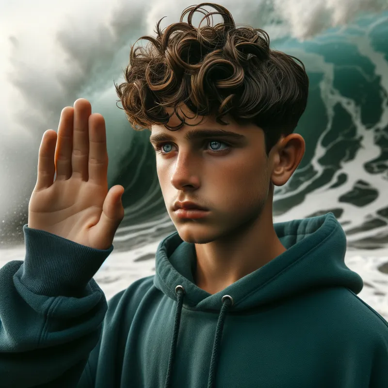 Oceanic Authority - A boy with an intensely focused gaze, extremely pale skin, and a curly light brown perm with shaved sides. He is clad in a sea-green t-shirt under a navy hoodie and black joggers. Positioned beneath a towering foaming wave, he raises his hand with a serious expression, suggesting he has the power to command the waters. - AI image generated with Art