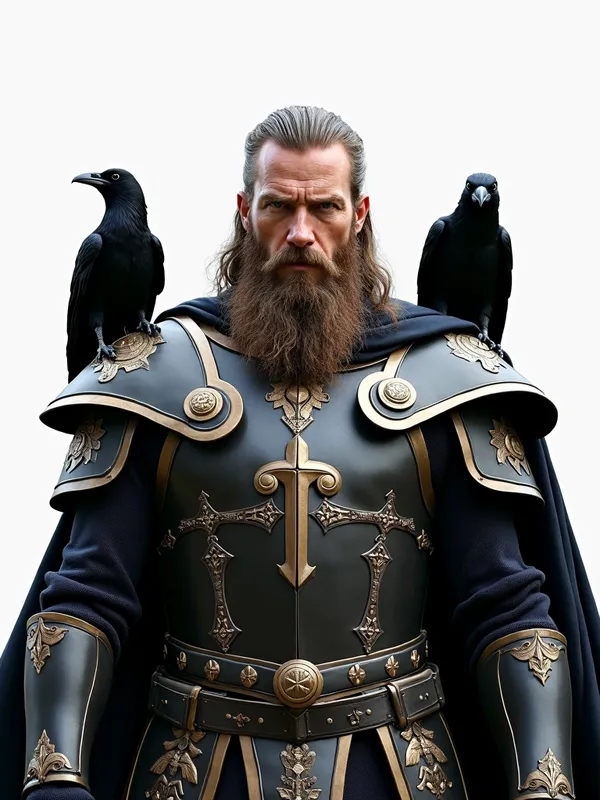 Odin: Guardian of The Crows - A wide-angle image of Odin, looking forward with determination. His armor is adorned with symbols and patterns, and each shoulder holds a crow. The image is on a transparent background, highlighting Odin’s iconic figure. - AI image generated with Photorealistic 2