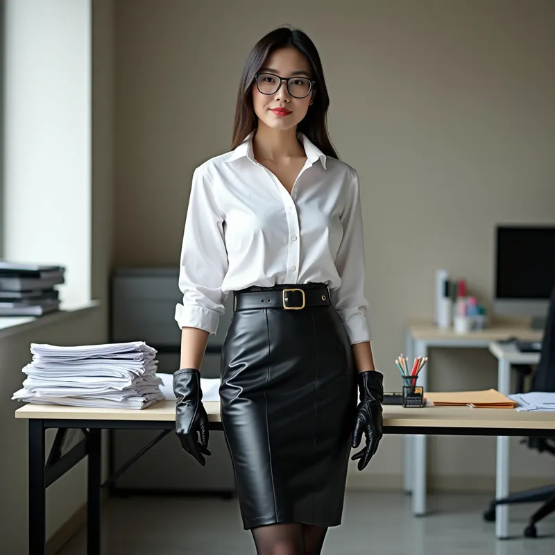 Office Organization with Style - A well-dressed Asian female secretary with stylish glasses, donning a crisp white shirt, sleek black leather gloves, and a hyper-glossy black leather pencil skirt with smooth, tall leather boots. She stands near a desk organizing paperwork in a contemporary office setting. - AI image generated with Photorealistic 2