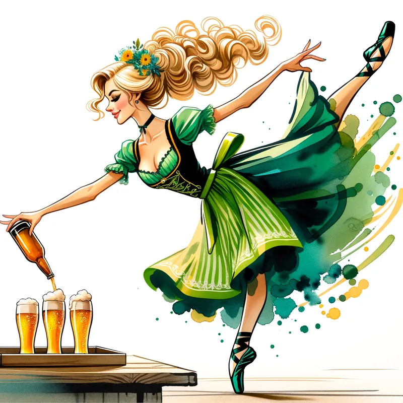 Oktoberfest Elegance - A depiction of a beautiful ballerina with flowing blonde curls, dressed in a traditional green dirndl skirt and black ballet shoes, serving beer to guests with grace and poise. The scene captures her en pointe movement towards a table. Digital art illustration. - AI image generated with Art - alcohol ink, cartoony, colorful