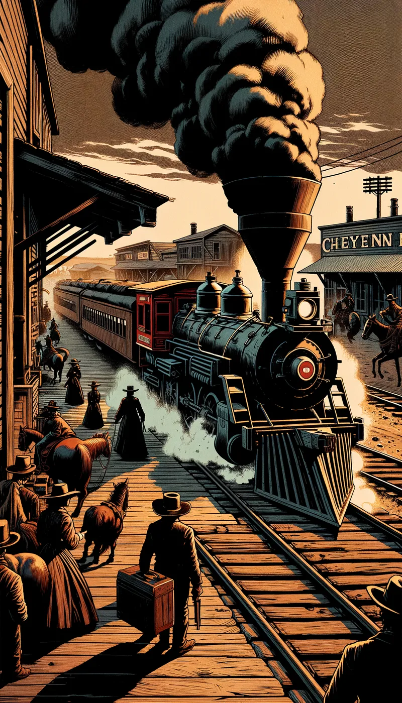 Old West Steam Train Arrives in Cheyenne - Steam locomotive in bold black and red halts at Cheyenne’s wooden platform. Thick smoke, long shadows. Passengers in frontier attire disembark. Horse-drawn carriage passes on dirt street. Town of wooden buildings, morning light, noir contrast. Pulp comic style, dramatic lines, gritty atmosphere. - AI image generated with Art - dark tones, cartoony, Giorgione