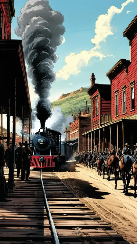 Old West Steam Train Arrives in Cheyenne - Steam locomotive in bold black and red halts at Cheyenne’s wooden platform. Thick smoke, long shadows. Passengers in frontier attire disembark. Horse-drawn carriage passes on dirt street. Town of wooden buildings, morning light, noir contrast. Pulp comic style, dramatic lines, gritty atmosphere. - dark tones, cartoony, Giorgione
