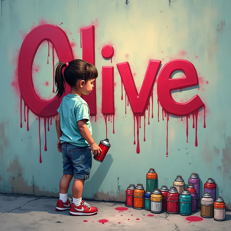 Olive's Graffiti Adventure - A small girl dressed in casual clothes, spray painting the name 'Olive' in a lively graffiti style on a city wall, surrounded by paint cans. - AI image generated with Text