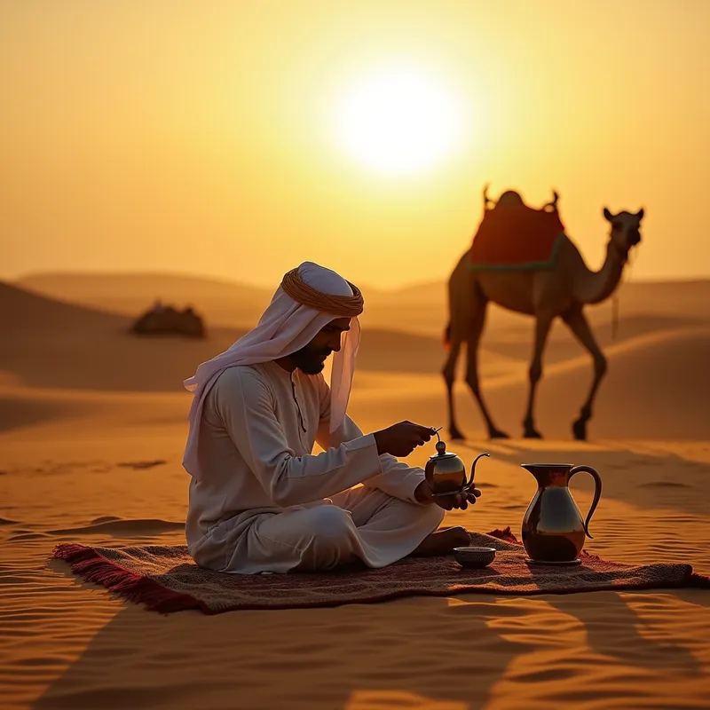 Omani Coffee in the Desert - A peaceful moment in a golden desert, where a traveller in traditional Omani clothing pours coffee from a dallah pot while sitting on a carpet, surrounded by sand dunes at sunset, a camel resting nearby. - AI image generated with Photorealistic 2