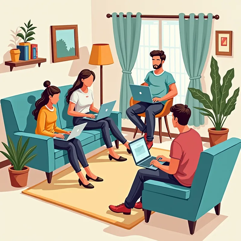 Online Dating Show Configuration - A sketch of a dating show conducted entirely online. The girl and boy participants, along with the male organizer, are depicted in their separate home locations, communicating through their laptops. Visual cues such as home decor and laptop screens connect the remote setup. - AI image generated with Photorealistic 2