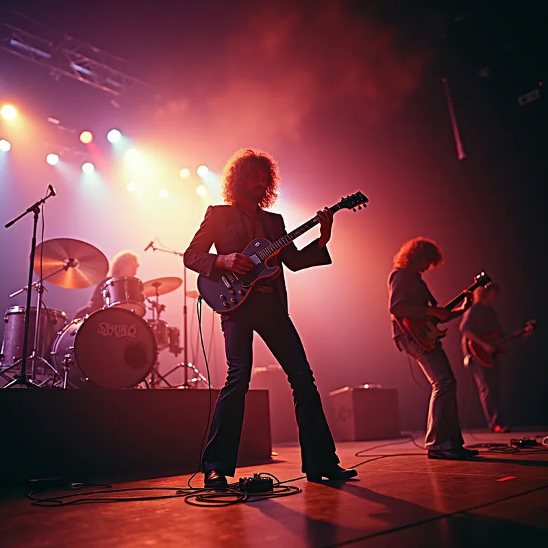 Onstage Magic - Led Zeppelin onstage, surrounded by vibrant lights and smoke, capturing the magic and charisma of one of their unforgettable live performances - AI image generated with Photorealistic 2 - photorealistic
