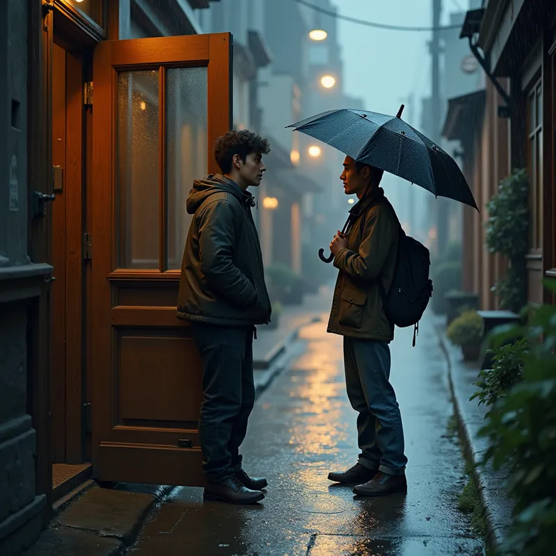 Open Door, Open Heart - On a rainy day, a young man offers to hold a heavy wooden door open for a stranger carrying an umbrella, sharing a friendly moment in the soft glow of streetlights. - AI image generated with Photorealistic 2