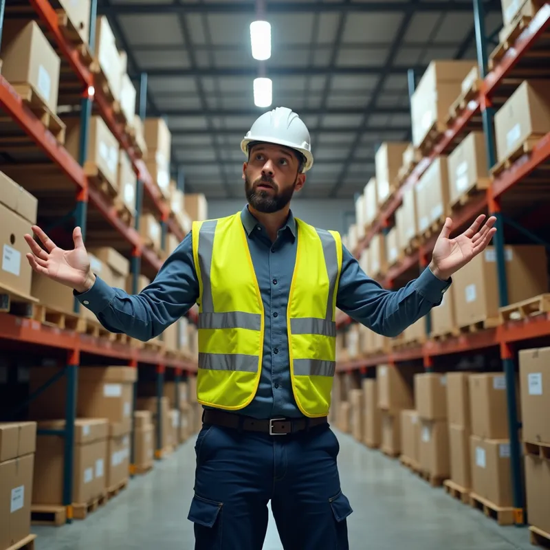Operators Before Using ForecastPro - Operators in a warehouse environment, looking frustrated and overwhelmed by the excessive stacks of unsold inventory. Their concern is palpable as they struggle to manage the overstock of boxes. - AI image generated with Photorealistic 2