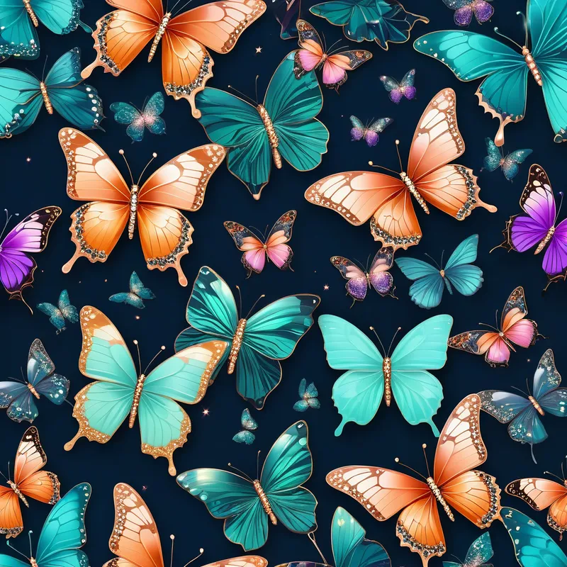 Opulent Chibi Butterflies Fantasy - hyper opulent, extremely gorgeous kawaii/chibi butterflies, multi spangled avant-garde pattern wings, rose gold accents abound, fantasy vibes, angled floral cluster branch,blings,ambient lighting, head shot, metallic,posh, abstract, fulgent , patterned monochromatic background, navy, deep magenta,romantic orange, light sea green, light cyan, violet - AI image generated with Photorealistic