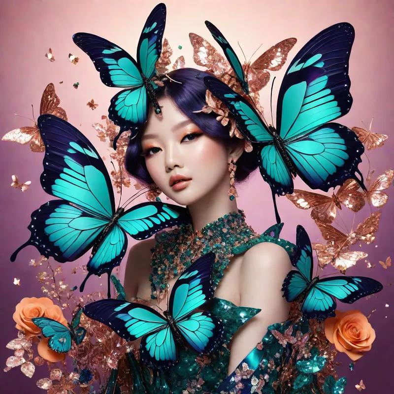 Opulent Chibi Butterflies Fantasy - hyper opulent, extremely gorgeous kawaii/chibi butterflies, multi spangled avant-garde pattern wings, rose gold accents abound, fantasy vibes, angled floral cluster branch,blings,ambient lighting, head shot, metallic,posh, abstract, fulgent , patterned monochromatic background, navy, deep magenta,romantic orange, light sea green, light cyan, violet - AI image generated with Photorealistic