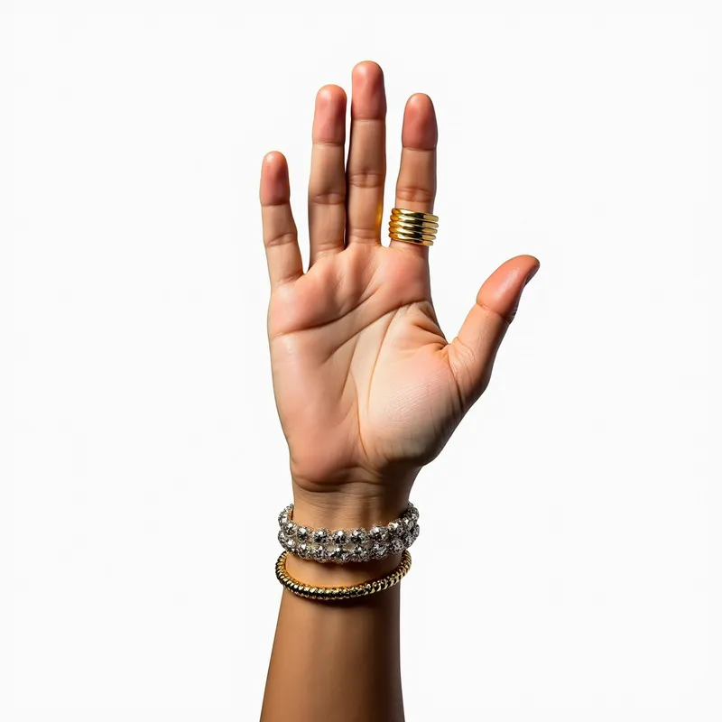 Opulent Wrist - A detailed image featuring a hand with palm facing up, wearing a gleaming gold bracelet and a shiny silver bracelet, set against a white background. - AI image generated with Photorealistic 2