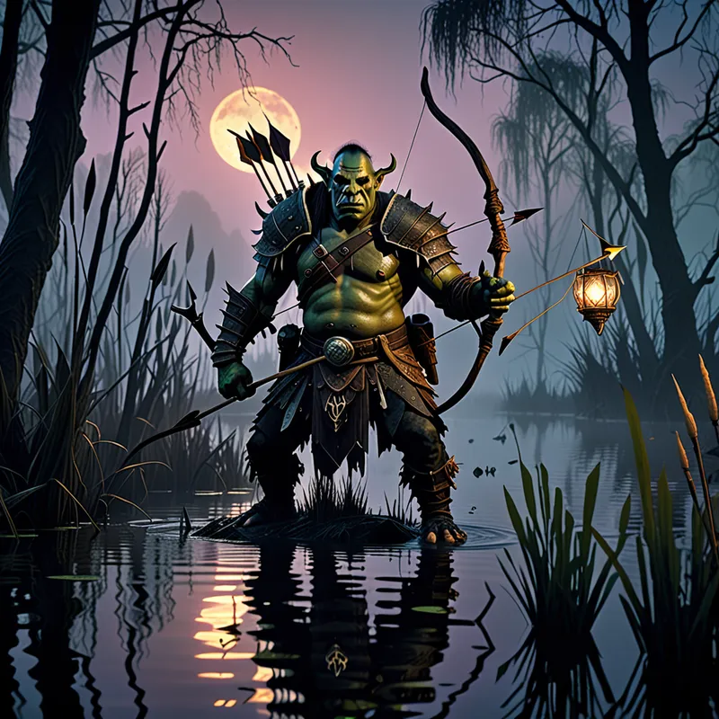 Orc Ranger of the Midnight Bog - An orc archer standing knee-deep in a black swamp at twilight, aiming a glowing enchanted arrow through drifting fog. The environment is dense with reeds, dead trees, floating lantern-like spores, and shimmering magical reflections on the water. The orc’s armor is weathered and decorated with mystical symbols. Highly detailed, atmospheric, cinematic fantasy artwork. - AI image generated with Fictional
