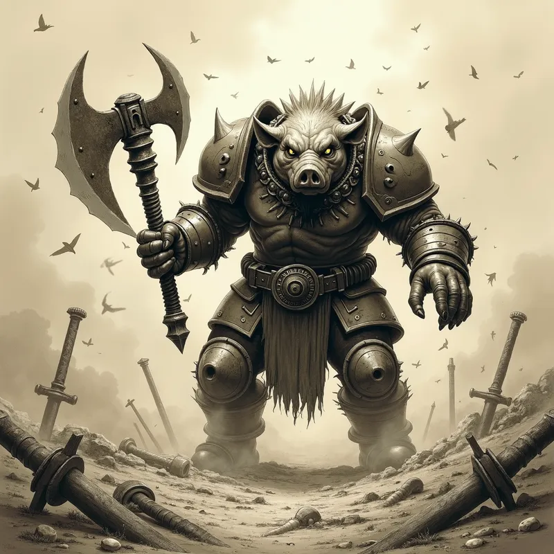 Orc Warlord's Vengeance - An armored orc with a pig head, adorned in heavy, battle-worn armor, stands wielding a large, jagged axe. The orc's fierce eyes gleam with rage as it charges through a misty, war-torn battlefield scattered with fallen enemies and broken weapons. - AI image generated with Photorealistic 2 - stippling drawing, sepia tone