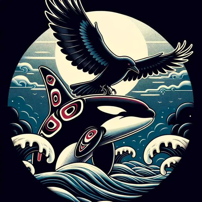 Orca's Raven Rider - An North West Coast style Orca w some red markings moving rapidly w a large Raven landing on its head, the sea appears calm and smooth
 - AI image generated with Art - gothic, fantasy art, kiri-e art