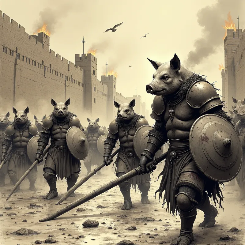 Orcish Outskirts Siege - A group of armored orcs with pig heads laying siege to a fortified human settlement. They carry heavy shields and crude but lethal siege weapons like battering rams and catapults. The orcs' armors are covered in mud and blood, emphasizing the brutality of the attack, with fire and smoke rising from the besieged walls. - AI image generated with Photorealistic 2 - stippling drawing, sepia tone