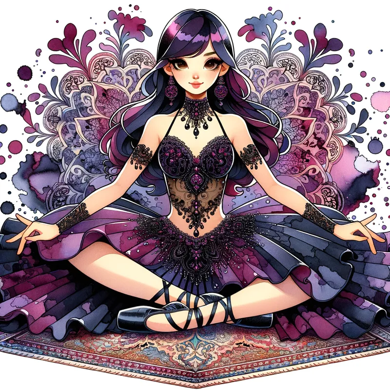 Oriental Ballet Dream - A digital art piece in anime style depicting a beautiful ballerina in dark purple and black belly dancer attire, wearing black ballet pointe shoes and sitting on an intricately designed Persian carpet. Illustration, mystical and elegant. - AI image generated with Art - alcohol ink, cartoony, colorful