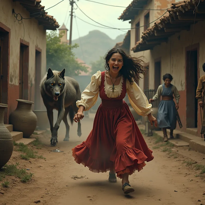 Origins of Seraphina - A depiction of the late 19th-century village in Durango, Mexico, showing the chaos as Serafina is attacked by a rabid werewolf. The scene is intense, capturing the fear and desperation before the arrival of the werecat guardians who save her. - AI image generated with Photorealistic 2 - photorealistic