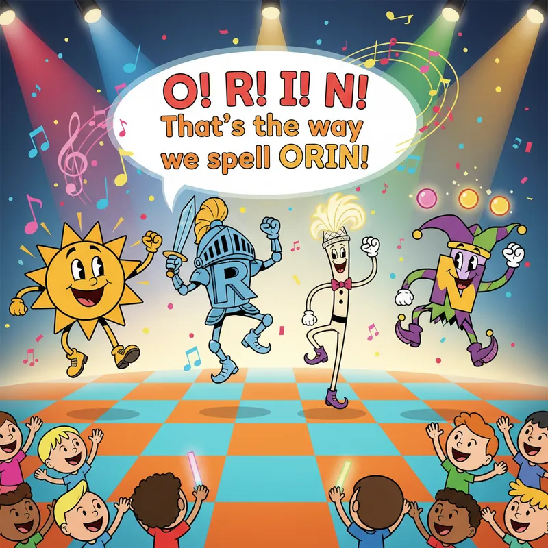 Orin Letters Musical Show - An energetic 1920x1080 image showing cartoon characters shaped like the letters 'O', 'R', 'I', and 'N', wearing playful costumes and dancing in sync. They appear to sing about spelling the name Orin, surrounded by musical notes and vibrant stage lighting, with a cheerful audience of cartoon kids. - AI image generated with Nano Banana
