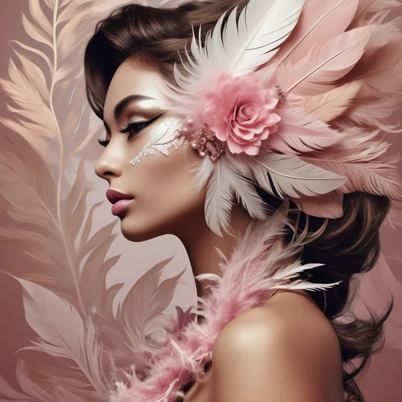 Ornamental Muse - A sophisticated digital artwork featuring a woman in side profile looking right, her expression serene and elegant. Her tan skin, darkened eyes, and pink lips are framed by an elaborate floral-feather composition that merges with her silhouette. A decorative mask shaped like layered leaves covers part of her face, while stylized flowers, airy feathers, and pearled curling vines create a richly detailed backdrop in warm monochrome tones with soft golden shimmer. - AI image generated with Photorealistic